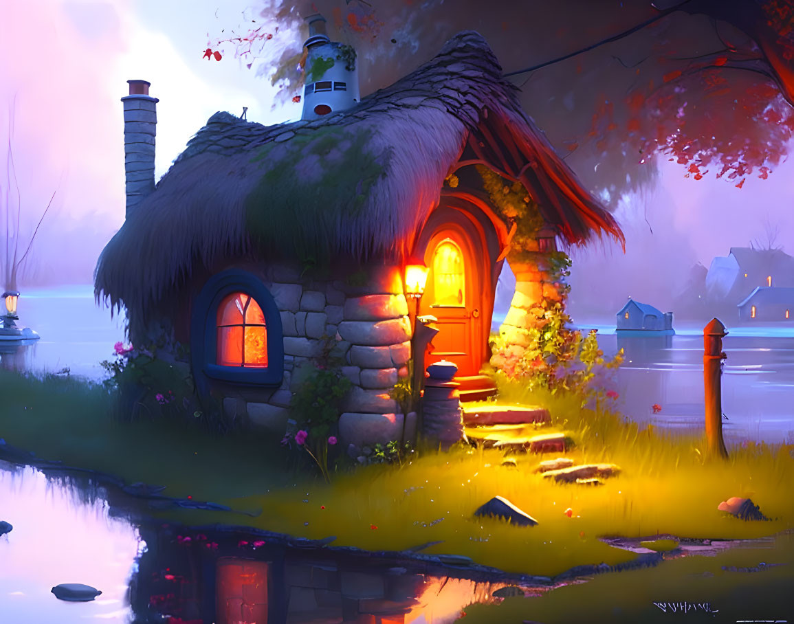 Thatched-Roof Cottage with Red Door by Serene Pond at Dusk