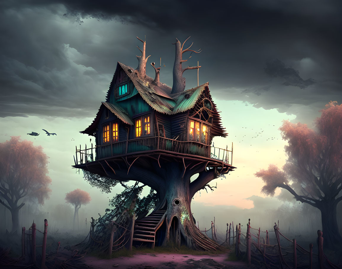 Glowing windows treehouse in foggy twilight landscape