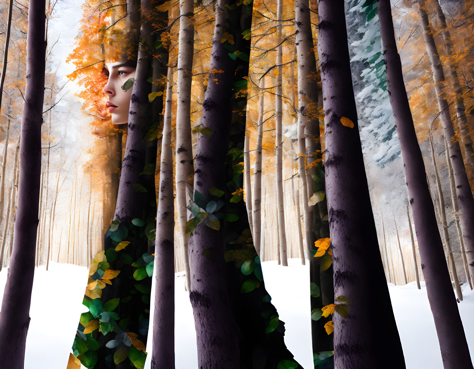 Composite image: Woman's silhouette with autumn leaves against snowy forest