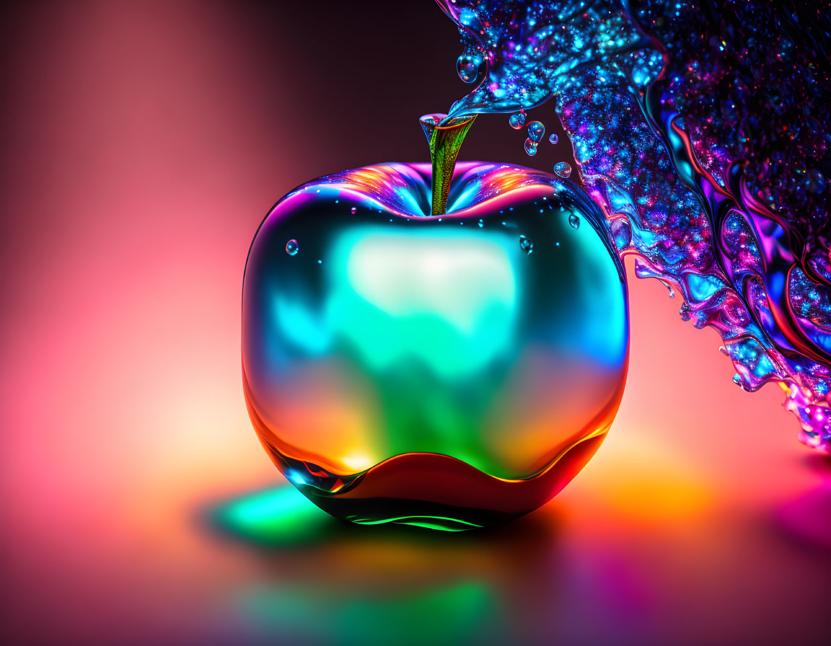 Colorful Neon-Lit Background with Glossy Apple and Liquid Splash