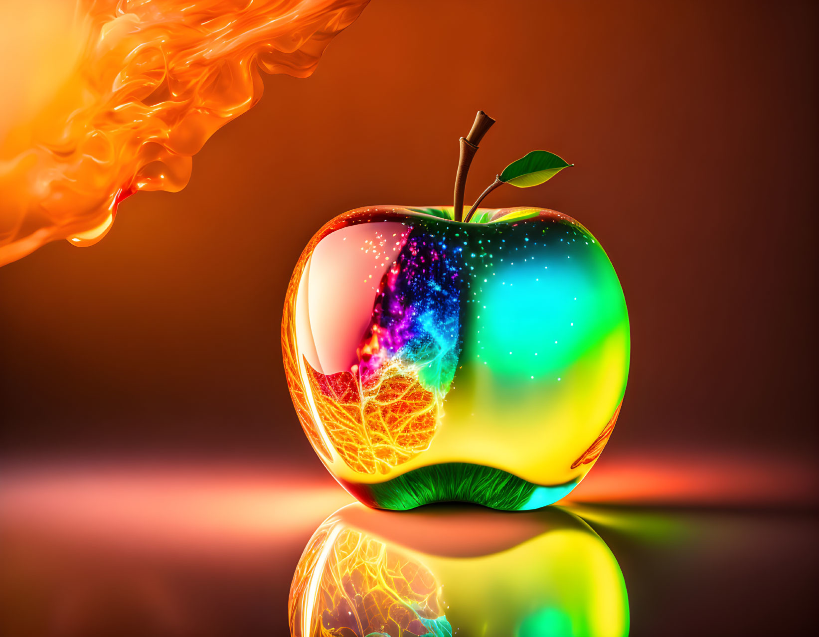 Digitally altered apple with fiery, starry galaxy core and neon leaf on reflective surface.