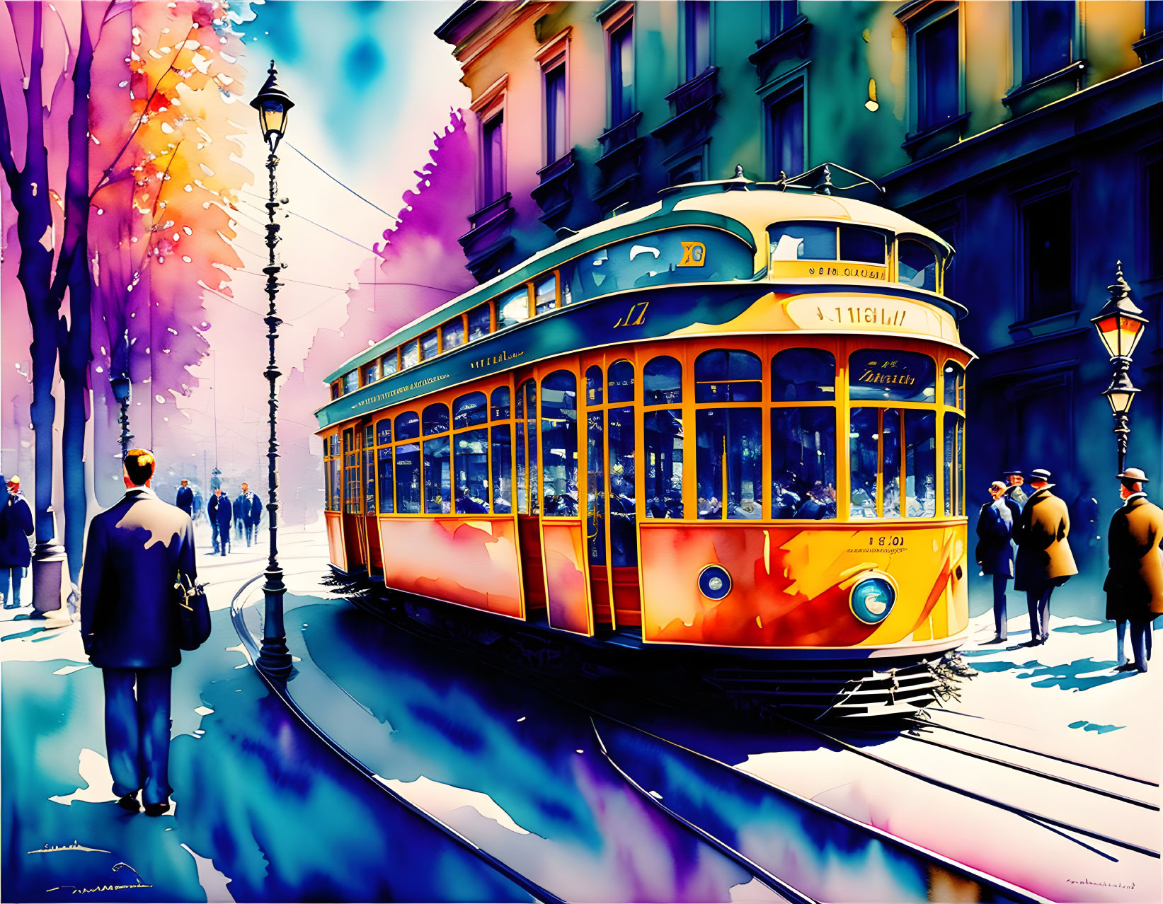 Vintage Yellow Tram on City Streets with Colorful Trees and Silhouettes