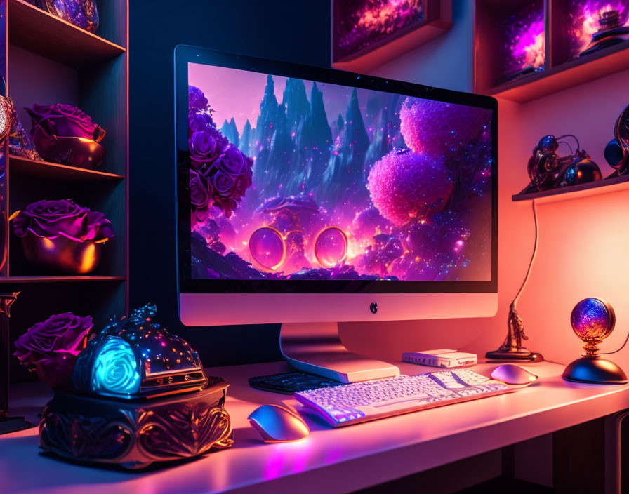 Illuminated iMac on vivid desktop with purple fantasy landscape and LED lights