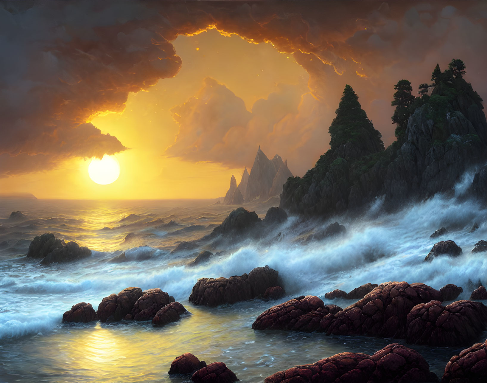 Stormy Seascape at Sunset with Waves Crashing Against Rocky Shores