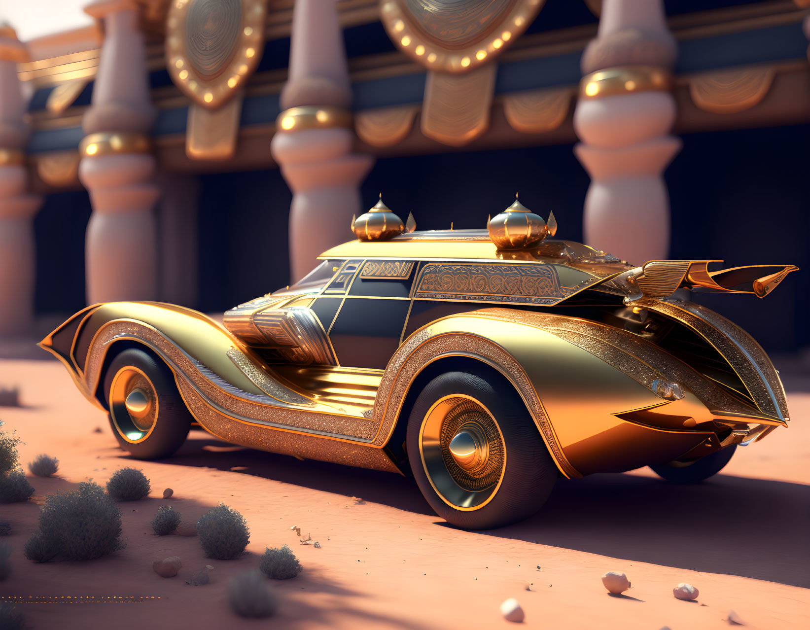 Luxurious Golden Futuristic Car in Desert with Classical Columns