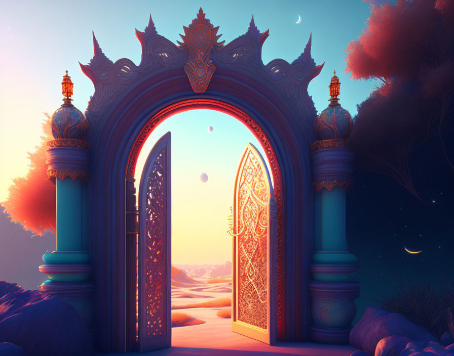 Ornate open doorway to mystical desert landscape with floating orbs