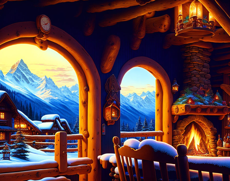 Cozy cabin interior with fireplace, festive decor, snowy mountain view