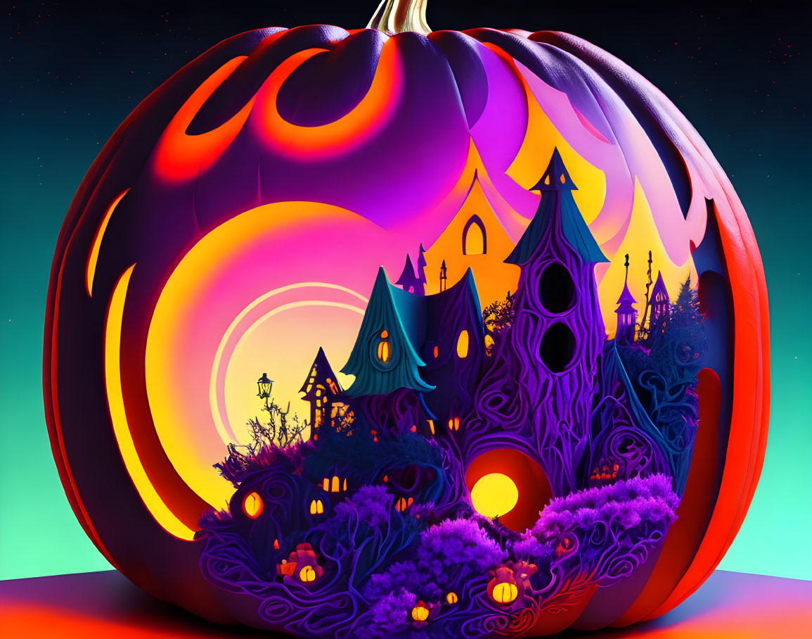 Colorful digital artwork featuring carved pumpkin with whimsical scene against purple and orange sky