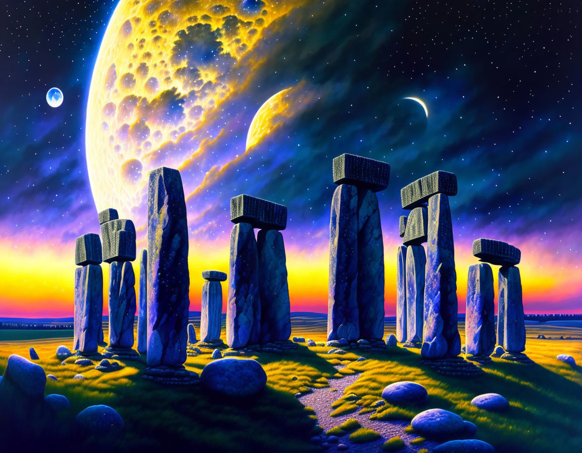 Vibrant artwork: Stonehenge at night with moon and planets