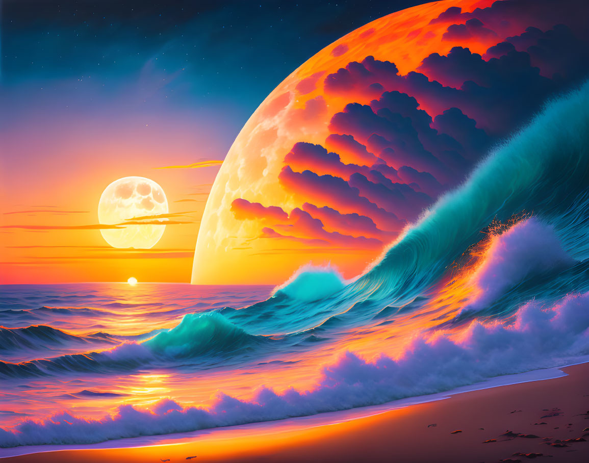 Digital artwork featuring beach at sunset with dual moon horizon and oversized planet