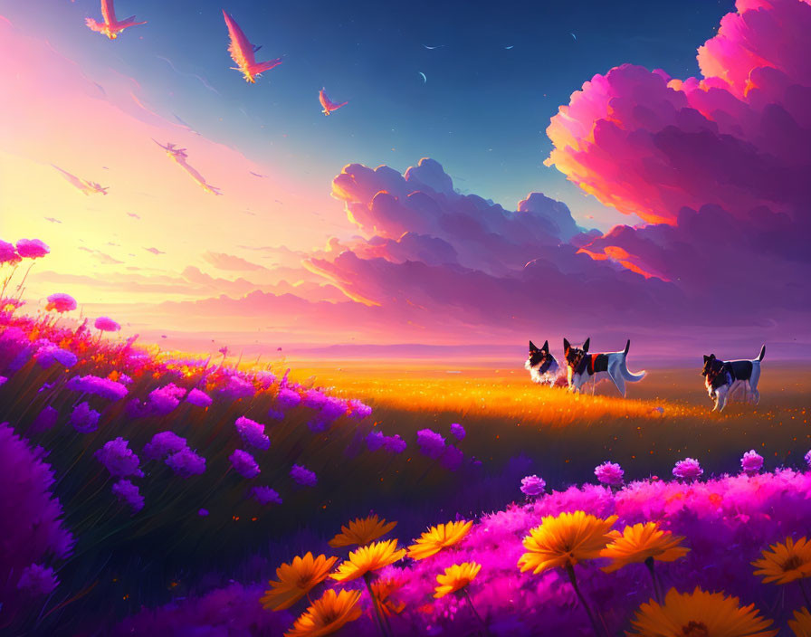 Vibrant flower field scene with three running dogs at sunset