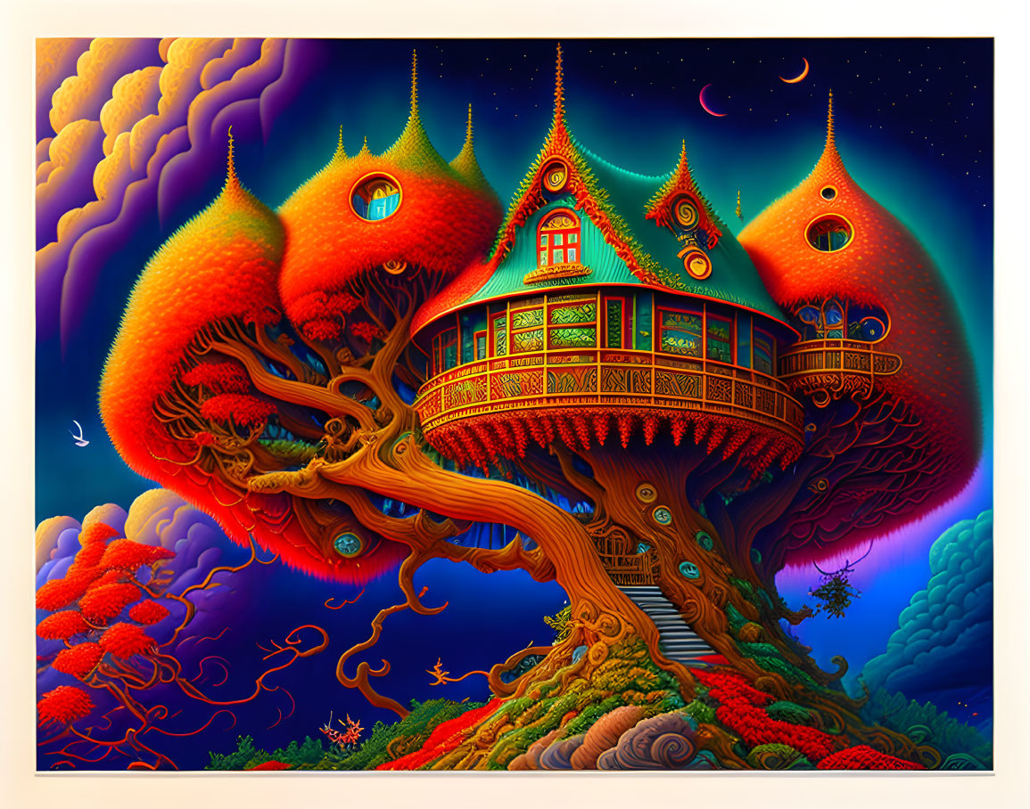 Colorful whimsical treehouse with domed roofs in twilight sky