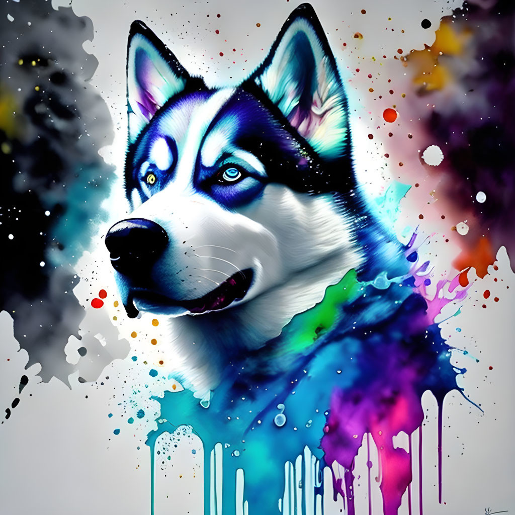 Colorful digital artwork of a husky with blue eyes on white background