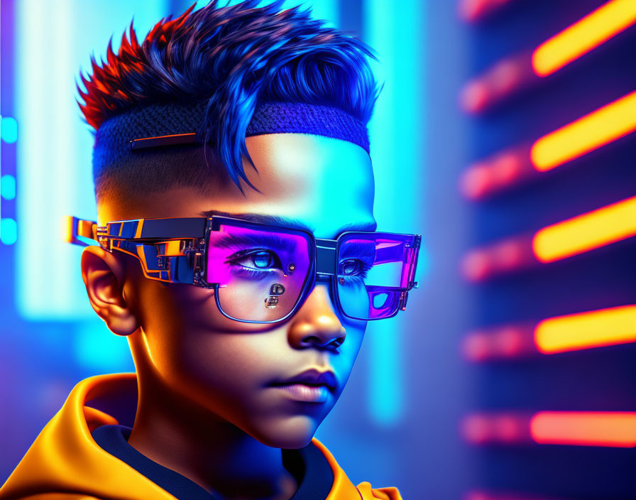 Stylized portrait of boy with spiked hair and futuristic glasses