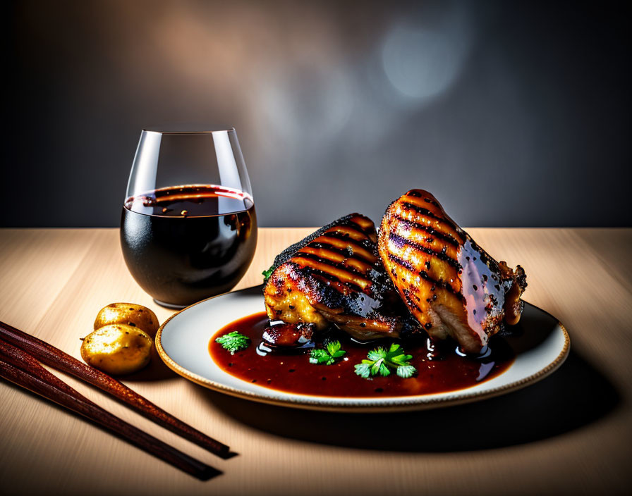 Roasted Chicken with Glaze, Potatoes, Red Wine, and Chopsticks on Wooden Table