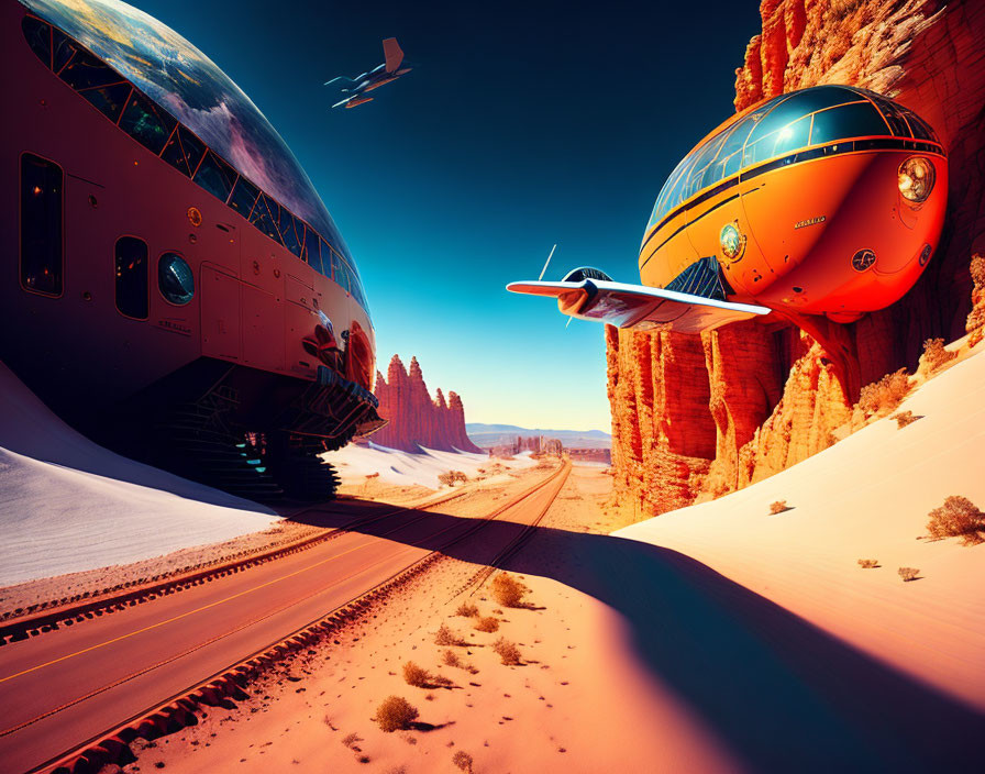 Futuristic trains and airplane in desert canyon under clear blue sky