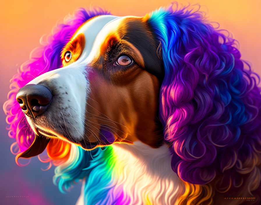 Colorful Digital Artwork: Curly-Furred Dog in Rainbow Palette