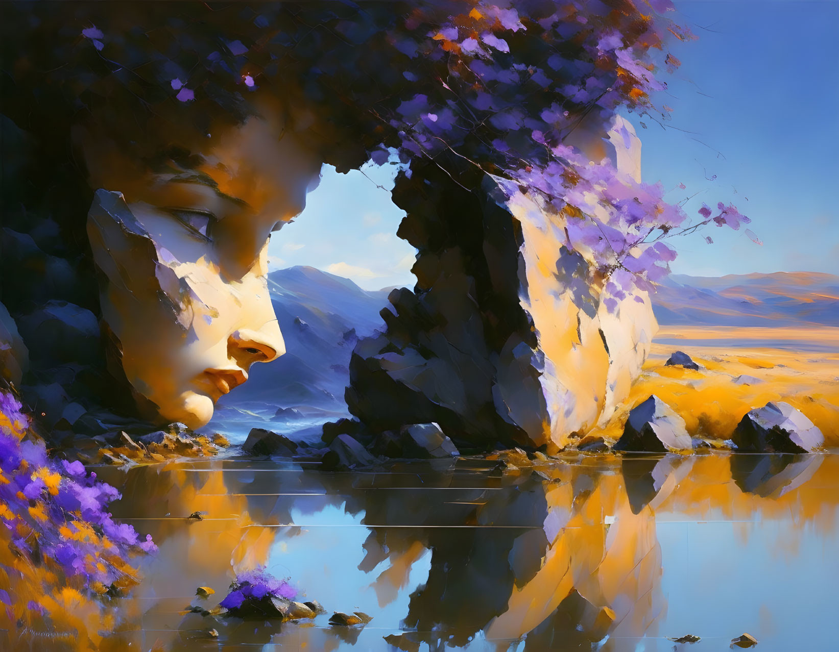 Woman's face integrated into nature scene with archway and purple flowers