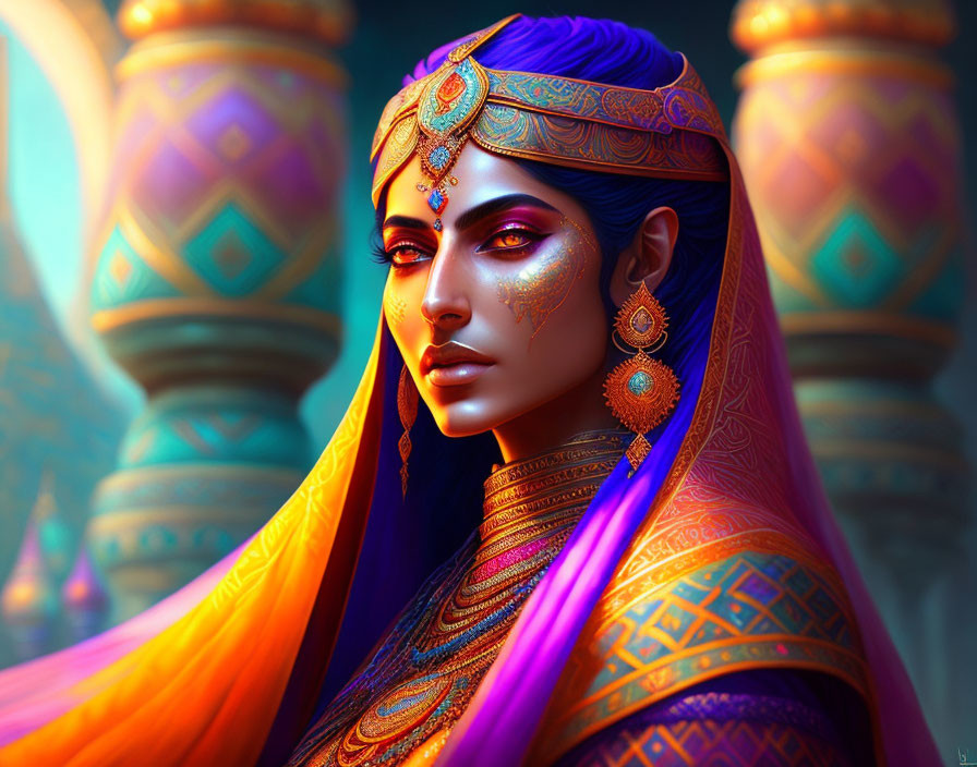 Vibrant digital art portrait of woman in ornate traditional attire