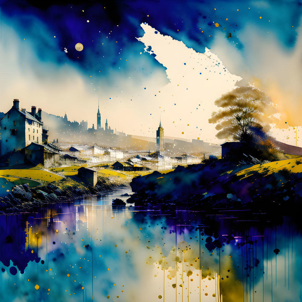 Townscape painting with vibrant blues and yellows, featuring reflections in water and silhouette buildings.