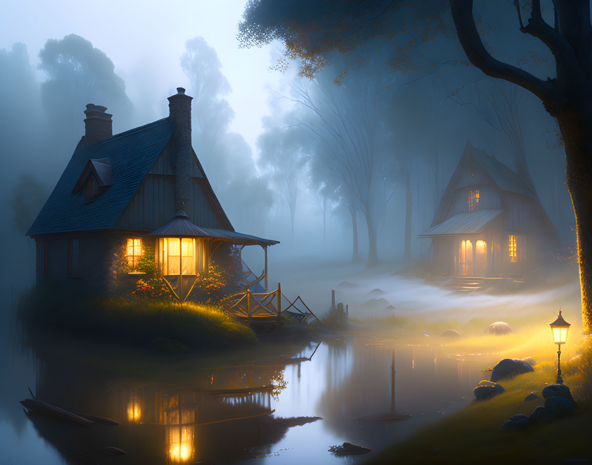 Twilight lake scene: Two lit cottages, misty waters, glowing lights