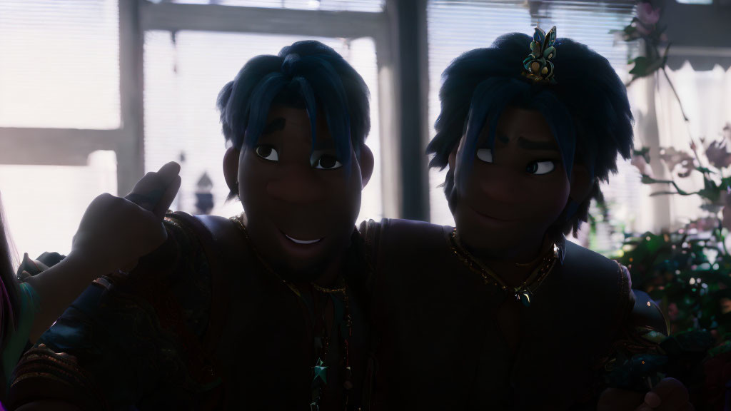 Blue-haired animated characters with golden ornaments smiling in dimly lit room