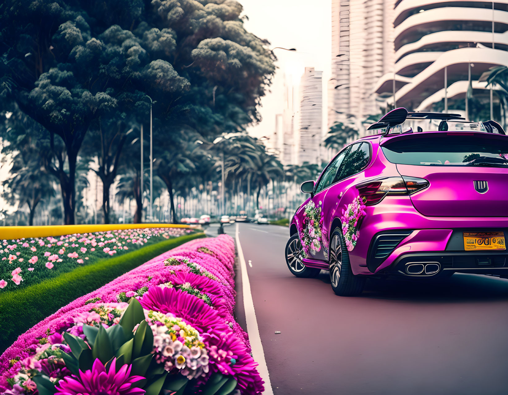 Pink floral luxury car parked on flower-lined street with skyscrapers and palm trees.