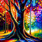 Colorful Whimsical Forest Painting with Large Tree & Rainbow Leaves