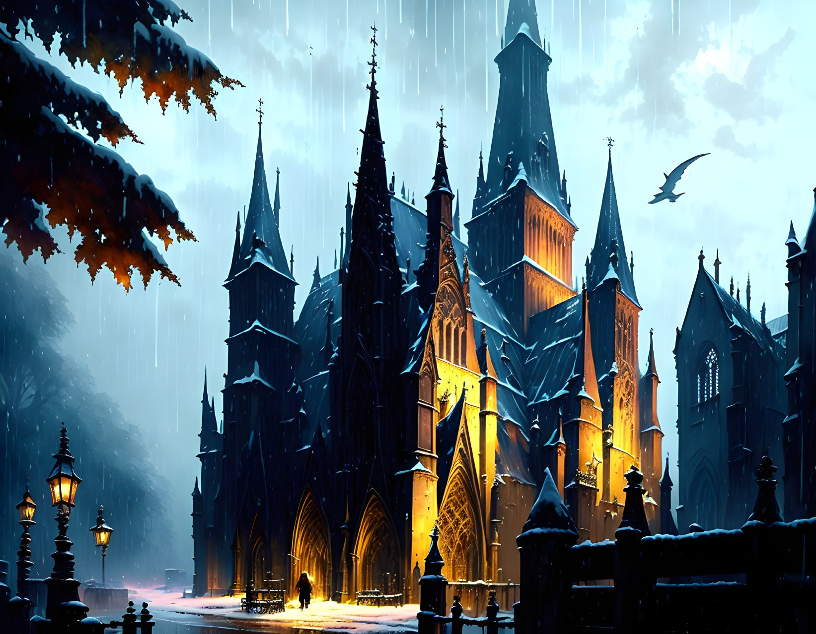 Gothic-style cathedral in snowy evening with illuminated windows and falling snowflakes