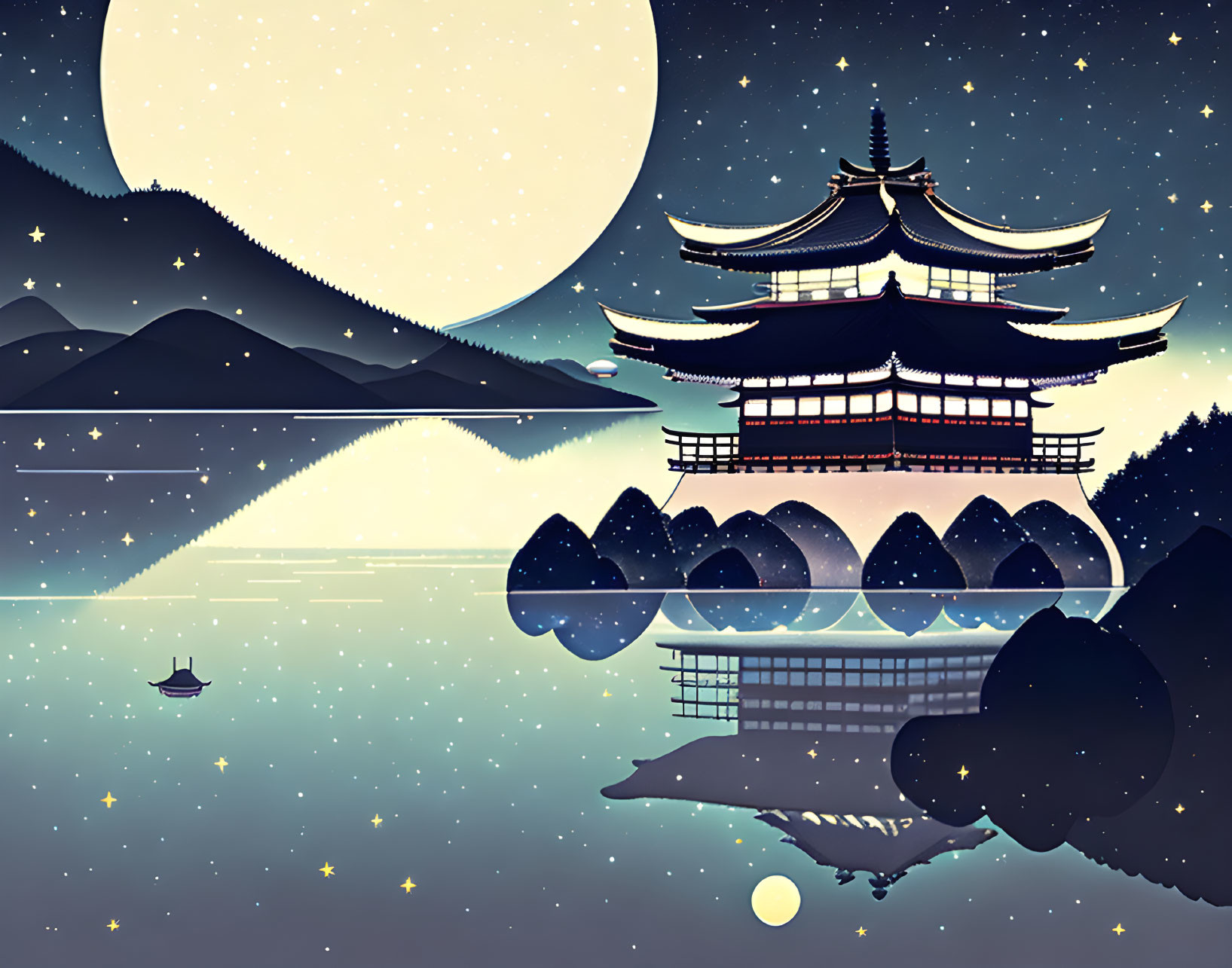 Traditional Asian Pagoda by Lakeside: Starry Night & Full Moon