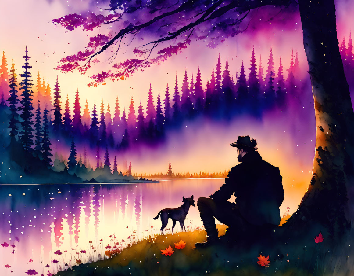 Person and dog watching sunset by lake with falling leaves and purple skies.