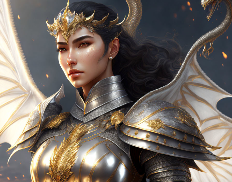 Female warrior with golden dragon-themed armor and white dragon in dramatic sky