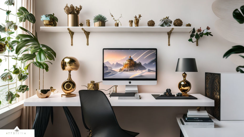 Stylish modern home office with desk, computer, gold accents, and plants