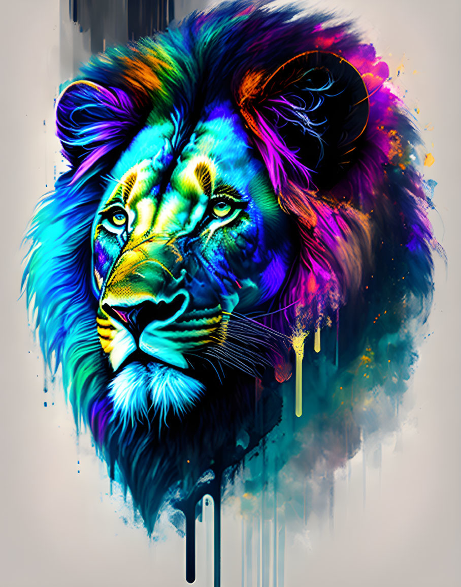 Multicolored Lion Head Artwork with Dripping Paint Effects