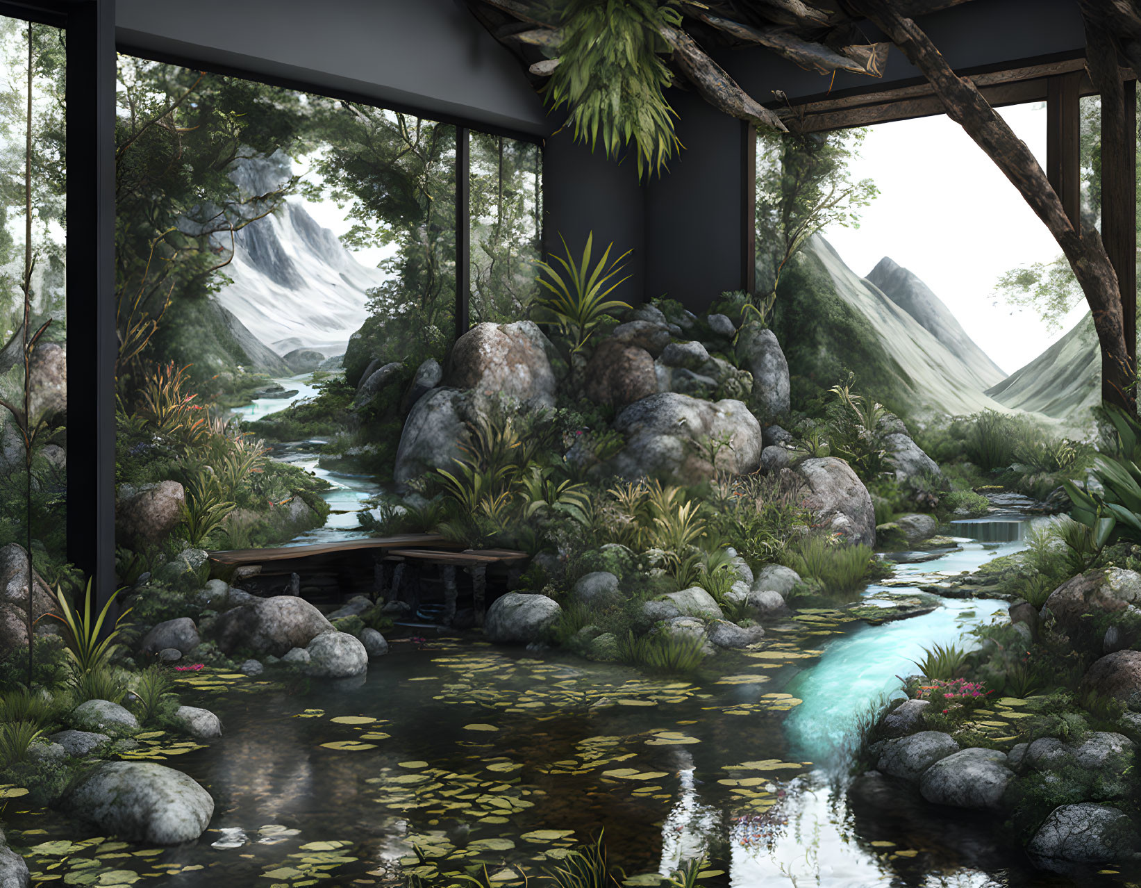 Tranquil indoor garden with glass wall, rocky stream, lush greenery, and mountains.