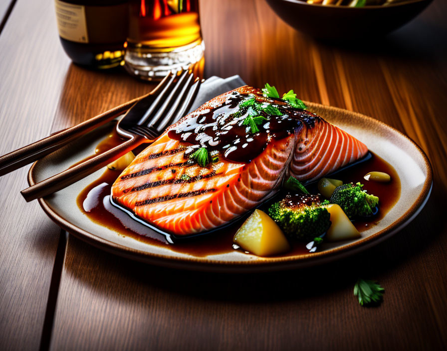 Salmon Fillet with Glaze, Potatoes, Broccoli, and Bottle on Plate