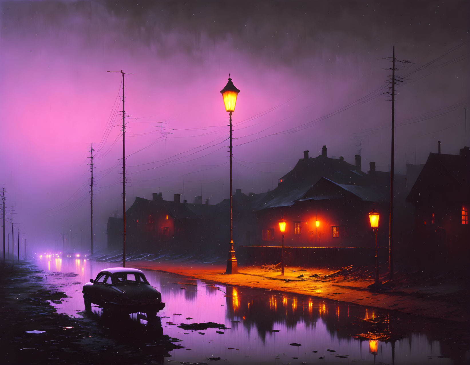 Nocturnal cityscape with glowing street lamps and passing car under a purple sky