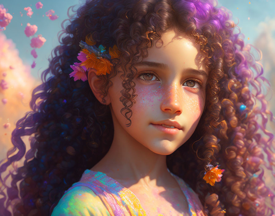 Curly-haired girl with flowers in dreamy setting