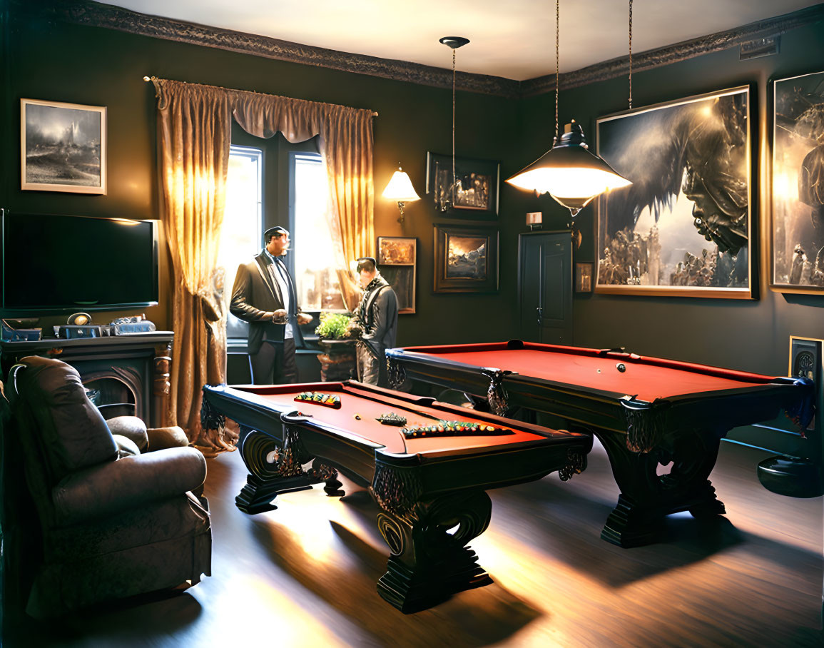 Luxurious Room with Pool Table, Drapes, Furniture, and Paintings