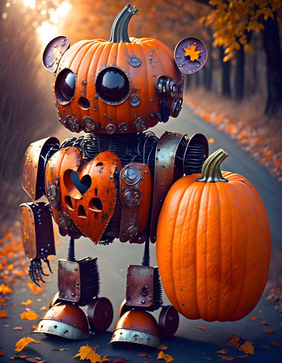 Steampunk robot with pumpkin head in fall foliage scene