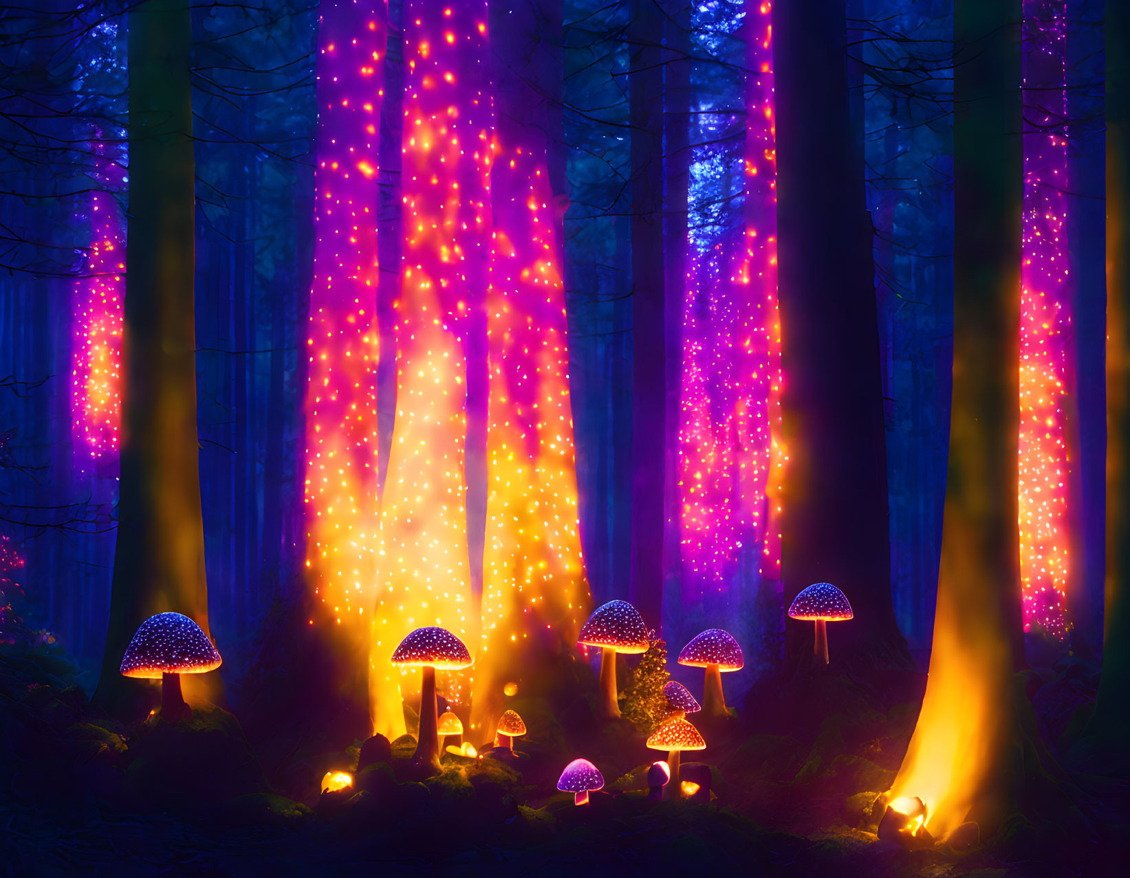 Enchanting twilight forest with neon lights and luminous mushrooms