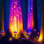 Enchanting twilight forest with neon lights and luminous mushrooms