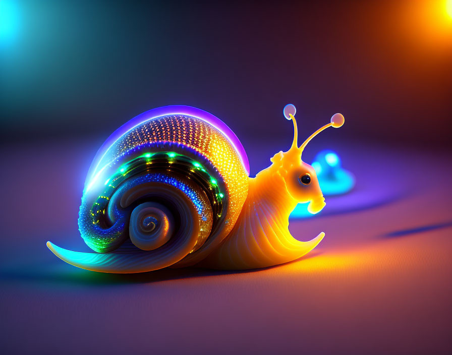 Colorful Luminous Snail with Glowing Shell on Multicolored Background