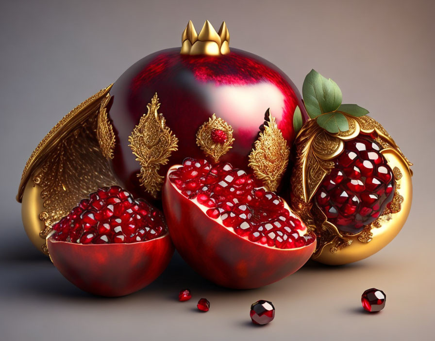 Vibrant still life: whole, half, and quarter pomegranates with scattered seeds