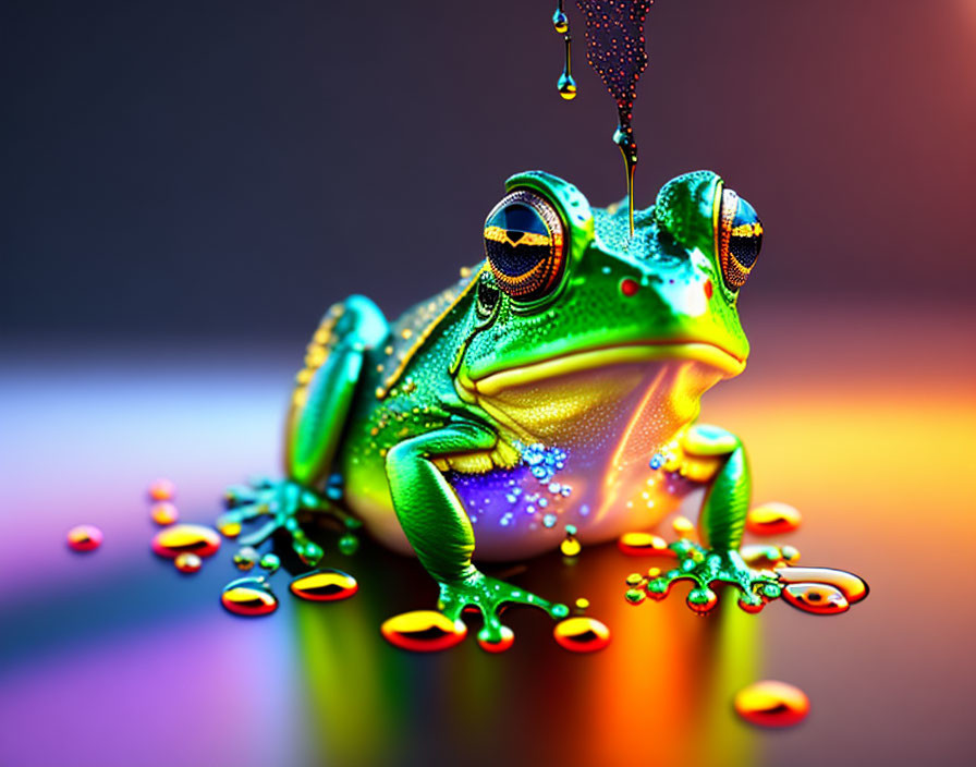 Colorful Frog Image with Water Droplets on Abstract Background