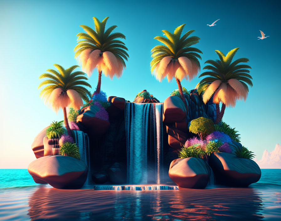 Vibrant tropical landscape with waterfall and palm trees