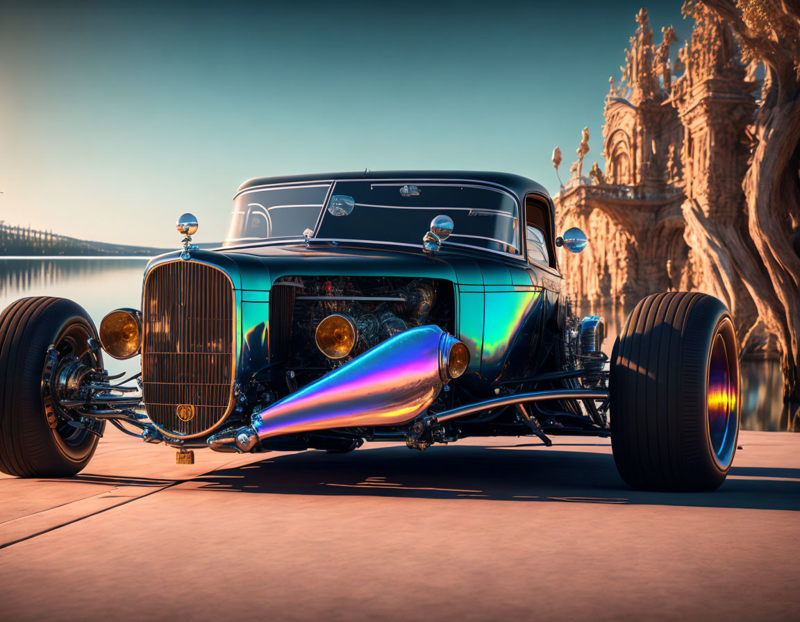 Vintage hot rod with multicolored paint on promenade, featuring unique grille and exposed engine, with