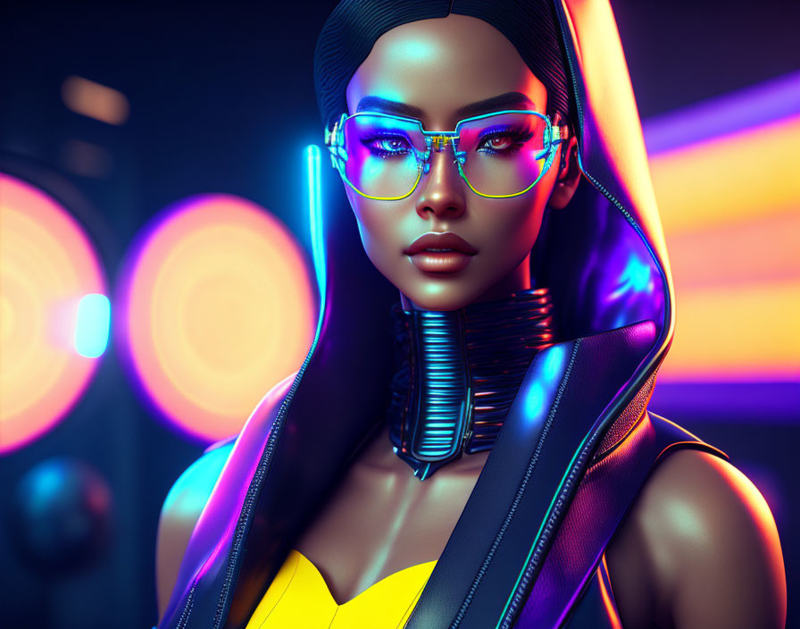 Futuristic 3D illustration of woman with glowing glasses and neon lights