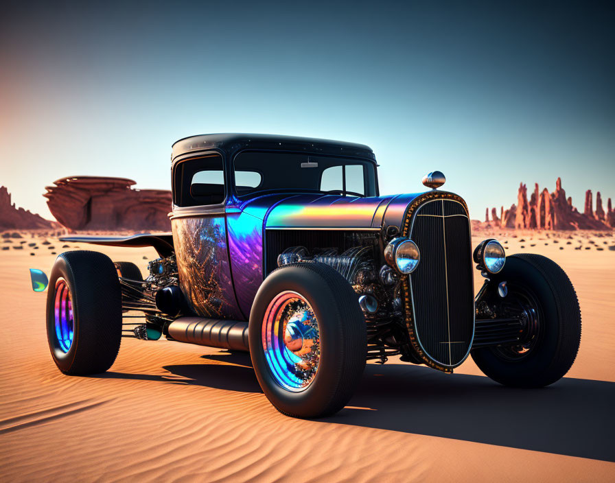 Customized Vintage Car with Glossy Black and Blue Paint in Desert Setting