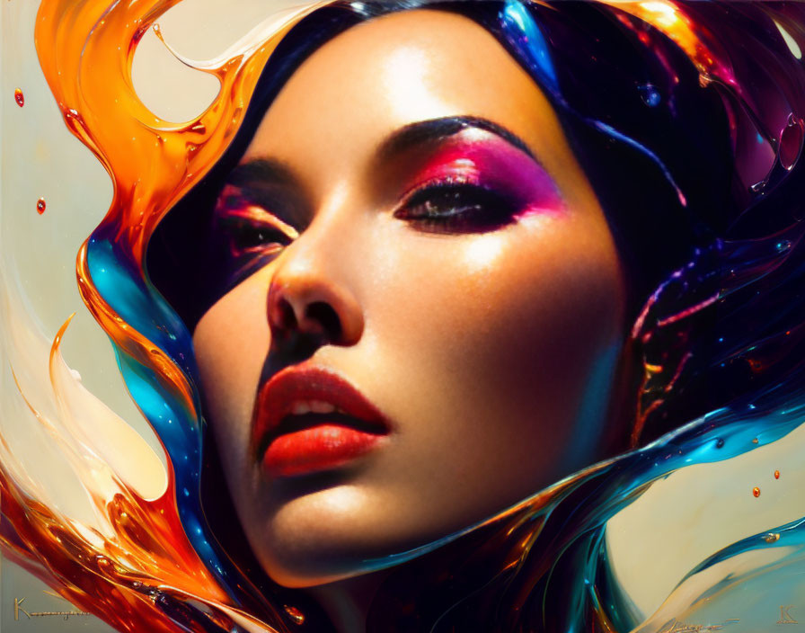 Colorful liquid elements swirl around woman's face in digital portrait